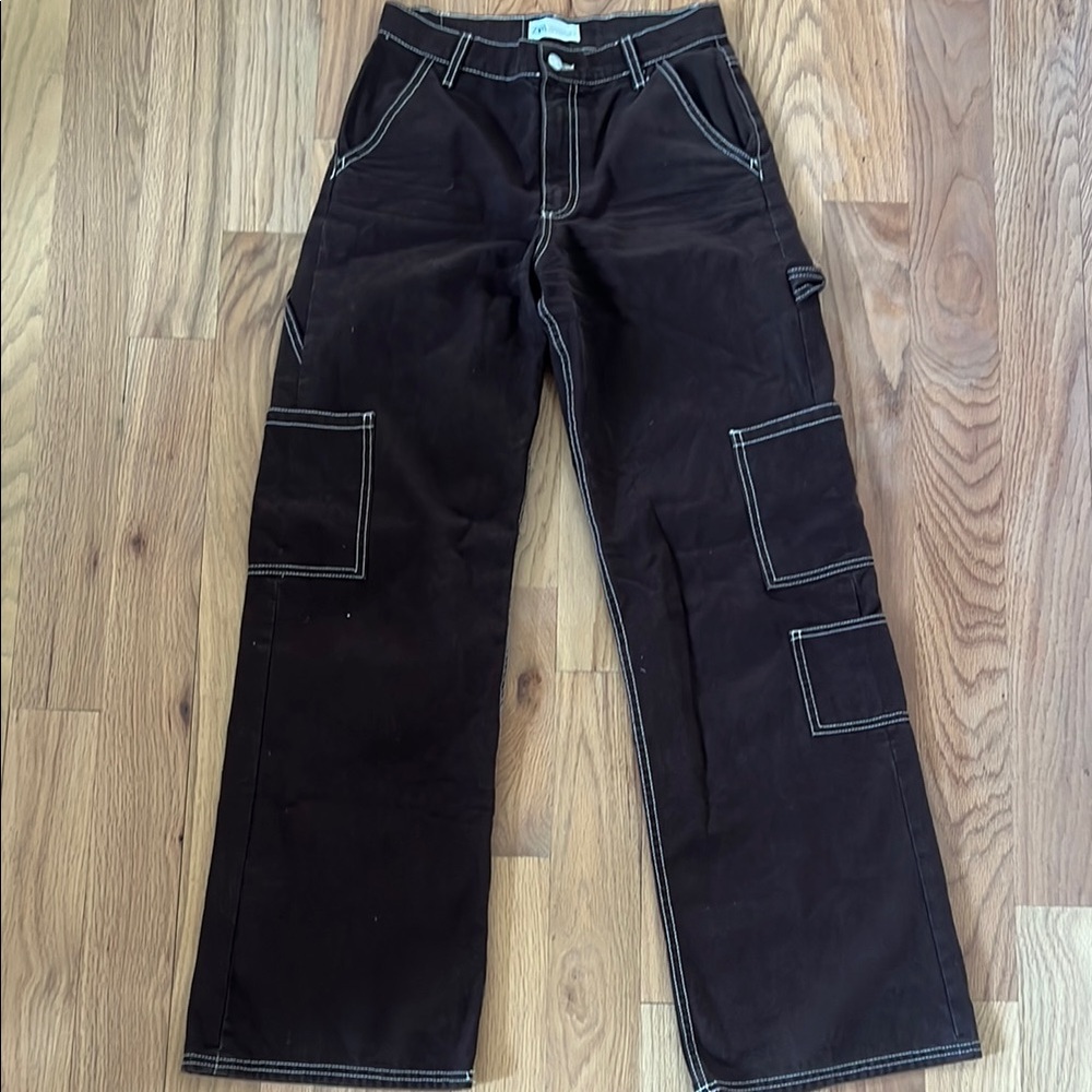 Zara - brown contrast stitch cargo pants - size 2 - 100% cotton